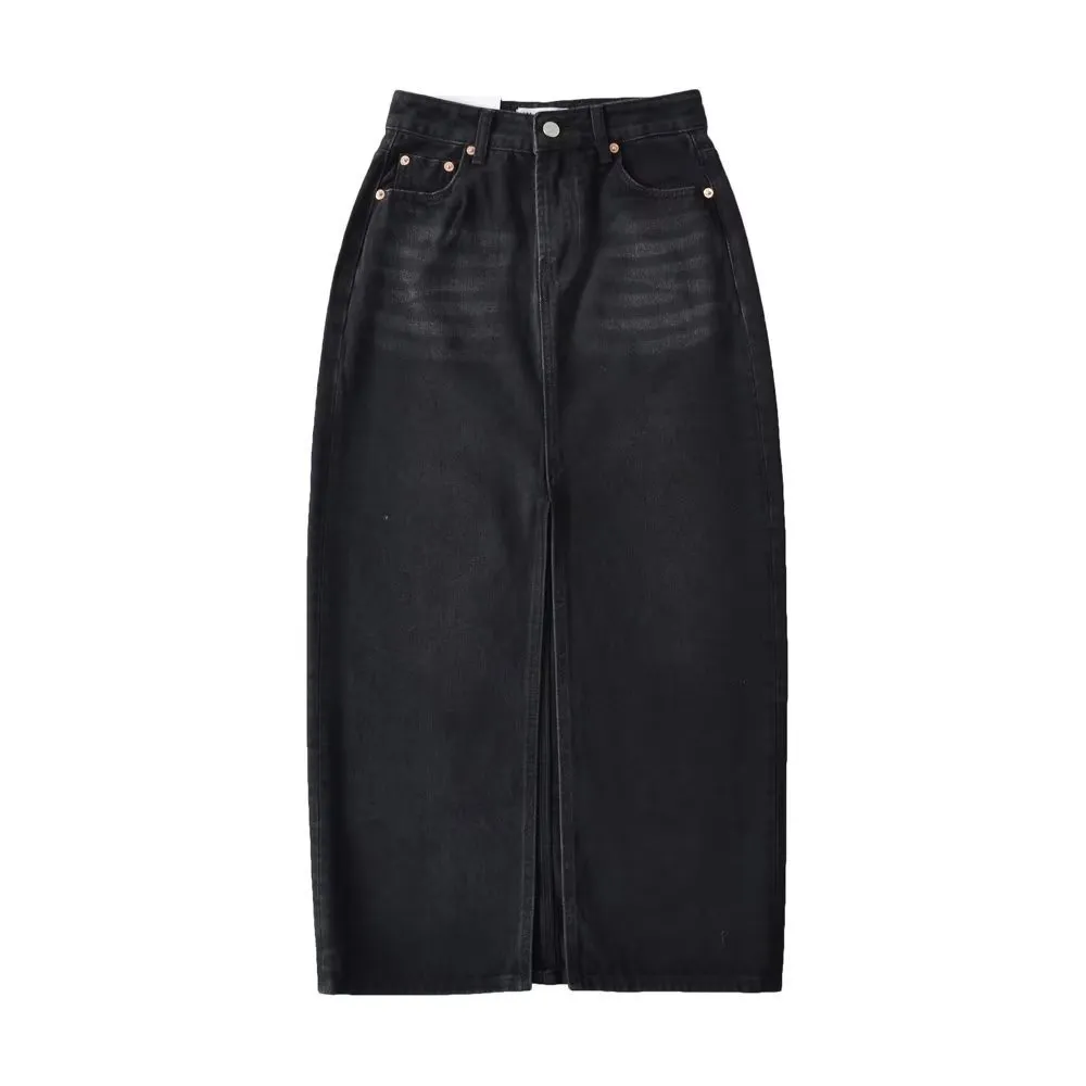 Front Slit Hem Lock Street Denim Skirt - Black
