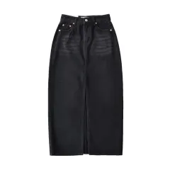 Front Slit Hem Lock Street Denim Skirt - Black - View 1