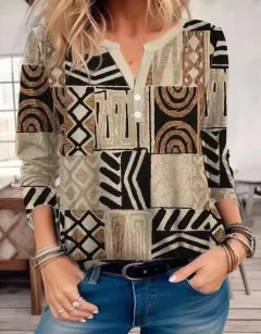 Women's V-neck Shirt Geometric Pattern Casual Long Sleeve Shirt - Dark Khaki Cloth Colour - View 1