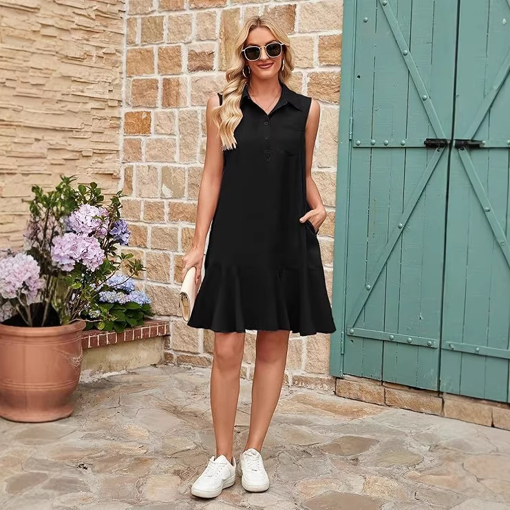 Women's Sleeveless Shirt Dress Solid Color