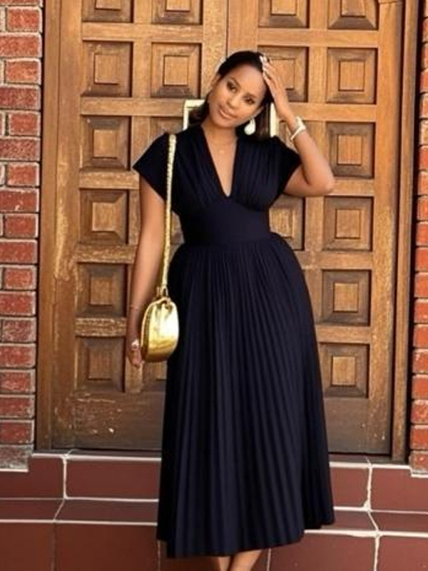 V neck Sexy Bat Sleeve Slim fit Pleated A Line Dress Black - Shop at LoveMi