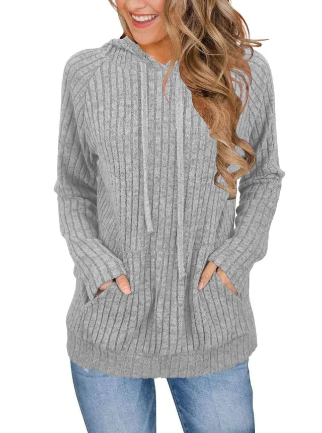 Hooded Sunken Stripe Kangaroo Pocket Sweatshirt Light Gray - Shop at LoveMi