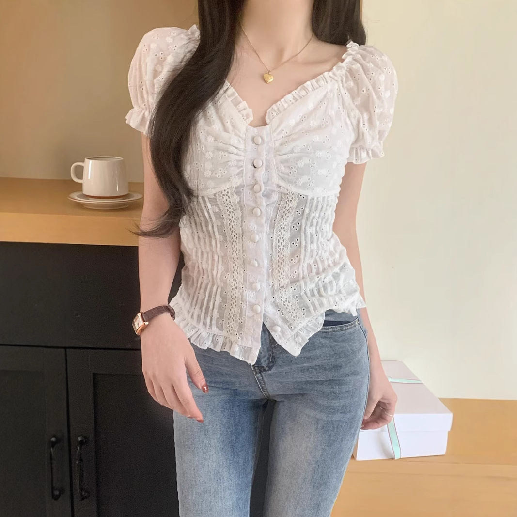 Lace Puff-Sleeve Casual Shirt For Women
