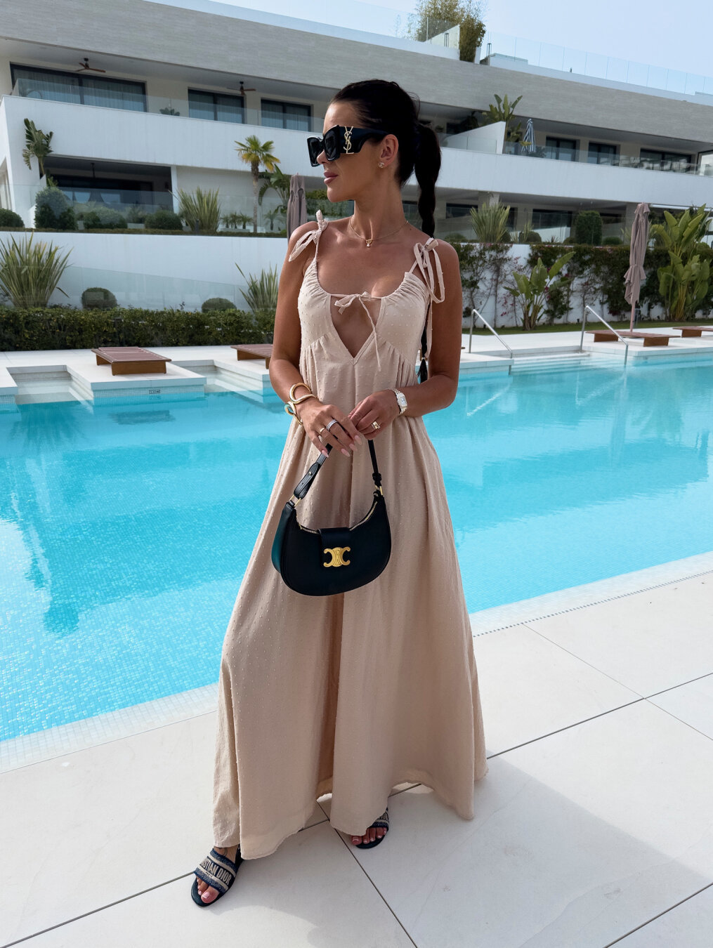 solid color jacquard deep v sling dress front view