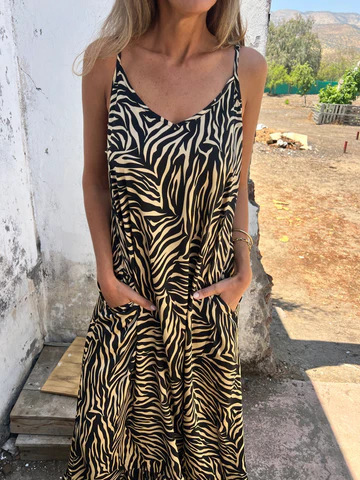 Vacation Style Printed Strappy Maxi Dress For Women Black - Shop at LoveMi