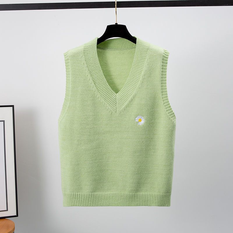 Loose V neck Short Sleeveless Waistcoat Sweater Outer Wear Knitted Vest Green - Shop at LoveMi