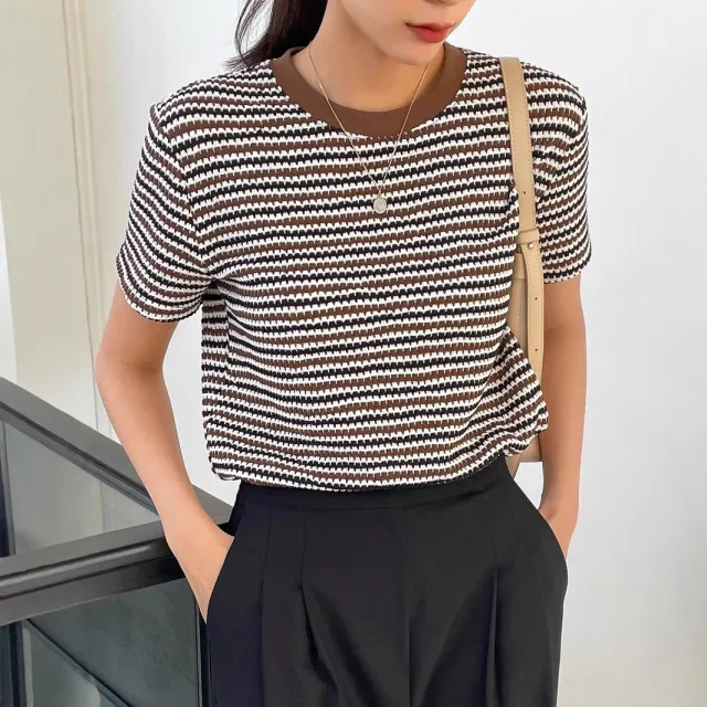 Casual Women's Color contrast Check Round Neck Short Sleeve Brown - Shop at LoveMi