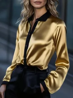 Womens Casual Loose Satin Color-Block Long-Sleeve Shirt - Gold - View 1