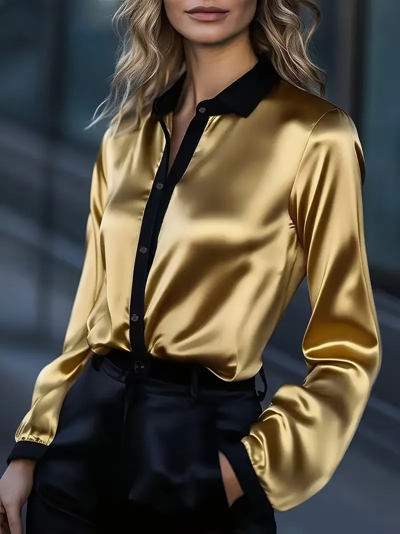 Womens Casual Loose Satin Color-Block Long-Sleeve Shirt - Gold