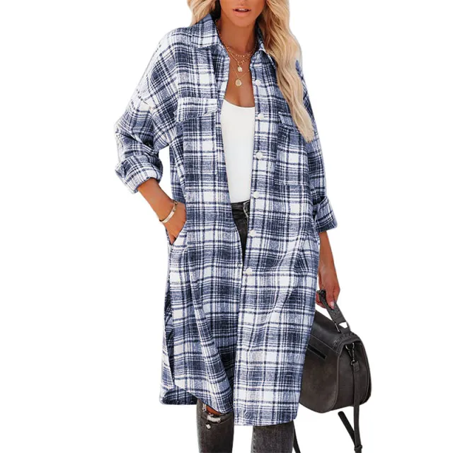 Women's Printed Checks Mid length Shirt Coat Blue - Shop at LoveMi