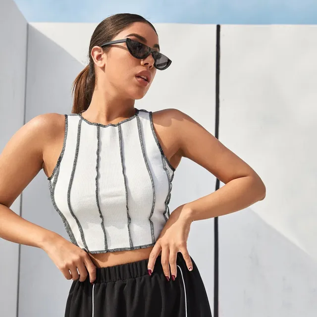 Contrast Stitching Round neck Slim fit Short Vest Top For Women White - Shop at LoveMi