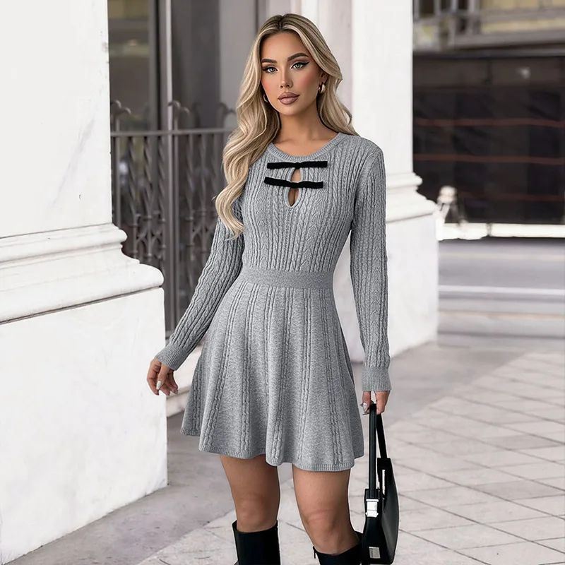 New High-end Gray Textured Knit Slim-fit Dress For Women - Gray