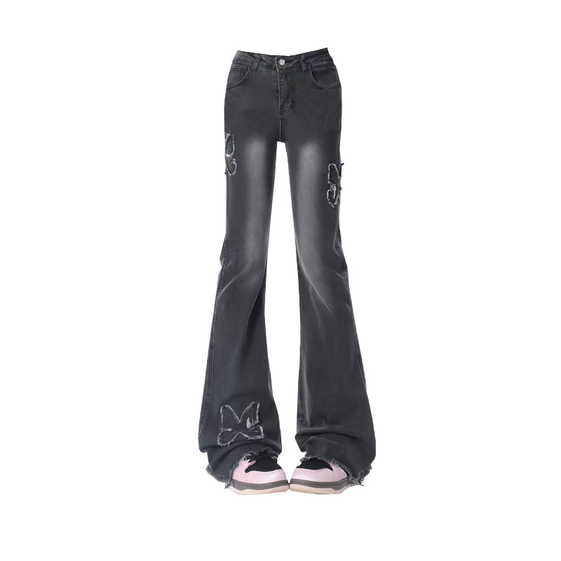 Vintage Butterfly Paste Cloth Embroidery Jeans Straight leg Wide leg Pants Black And Gray - Shop at LoveMi