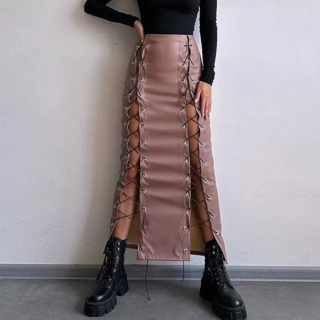 Women's Leather Sexy Solid Color Slit Tie Wrap Skirt Camel - Shop at LoveMi