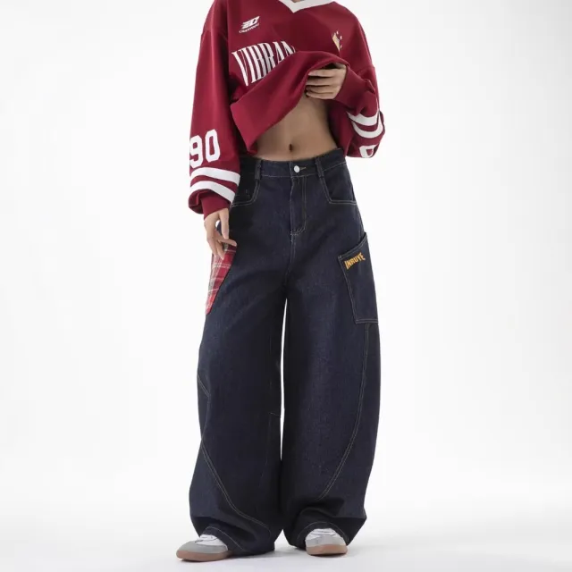 American style Plaid Patchwork Straight Jeans Red - Shop at LoveMi
