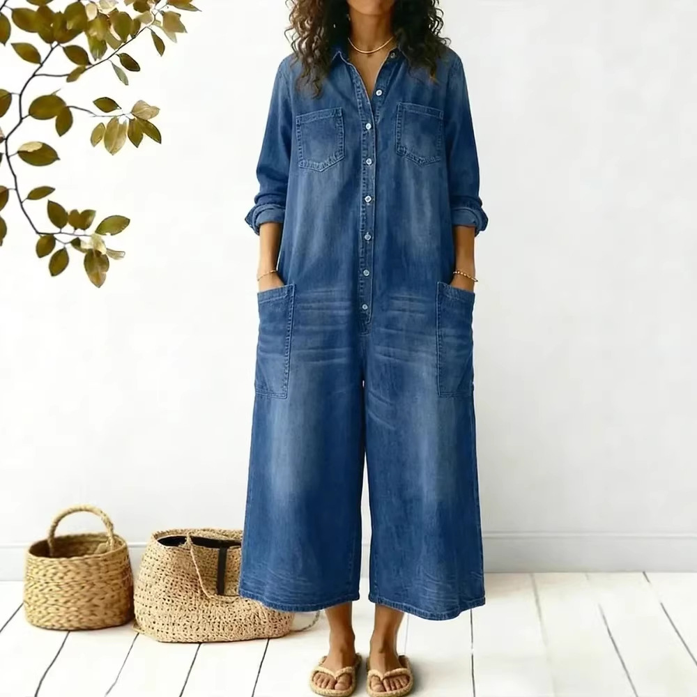 Womens Stylish Sexy Single-breasted Blouse-style Loose Jumpsuit