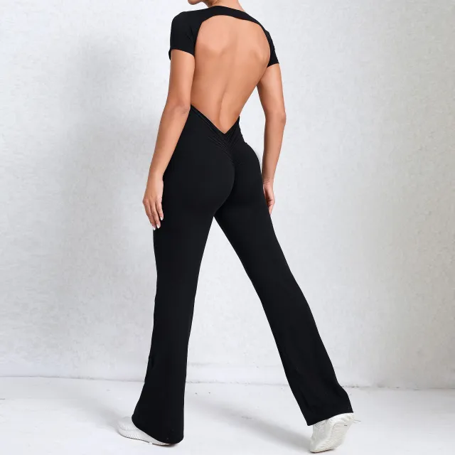 Bare Back Short Sleeve Nude Feel Yoga Outer Wear Fitness Sports Jumpsuit Nude - Shop at LoveMi