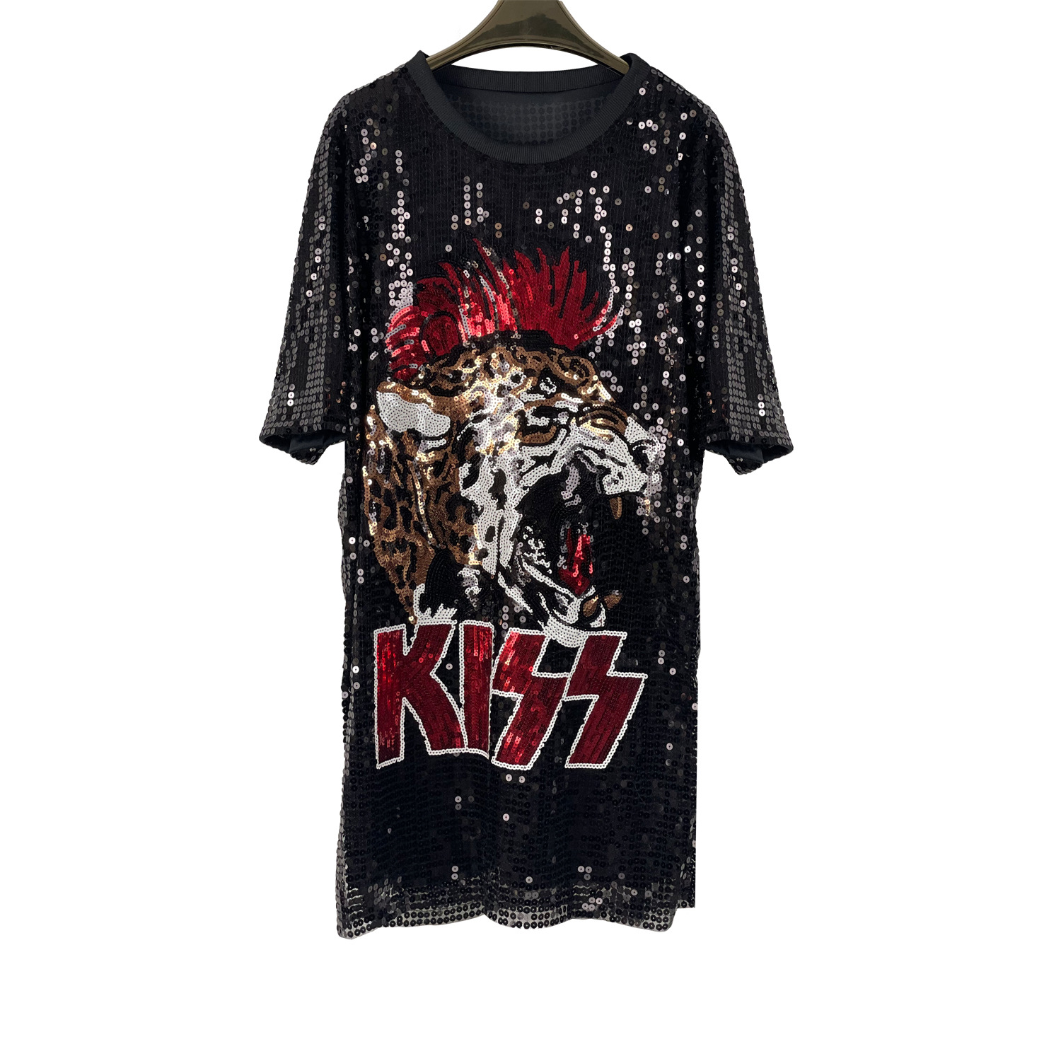 Women's Pearl Embroidery Mid length Loose Top Black Leopard Head - Shop at LoveMi