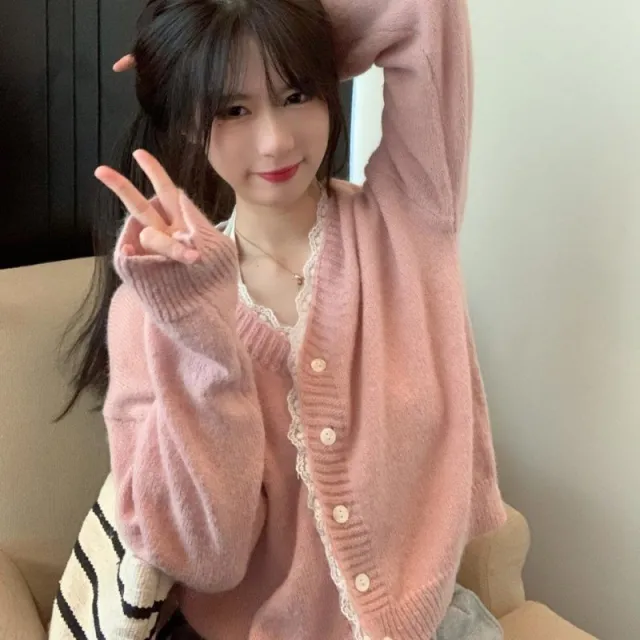 Autumn Short Sweater Women's Design Sense Lace Cardigan Coat Lotus Root Color - Shop at LoveMi