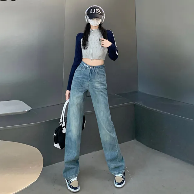 Fleece Padded Jeans Women's High Waist Loose Design Blue Lengthened Trousers - Shop at LoveMi