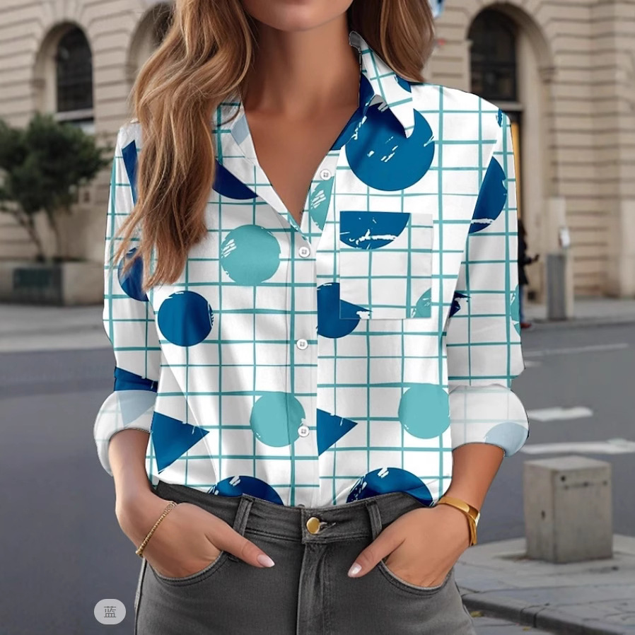 Womens Casual Plaid-pocket Long-sleeve Top