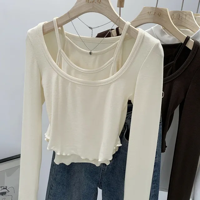 Soft And Pure Want Bottoming Shirt U neck Long sleeved Apricot - Shop at LoveMi