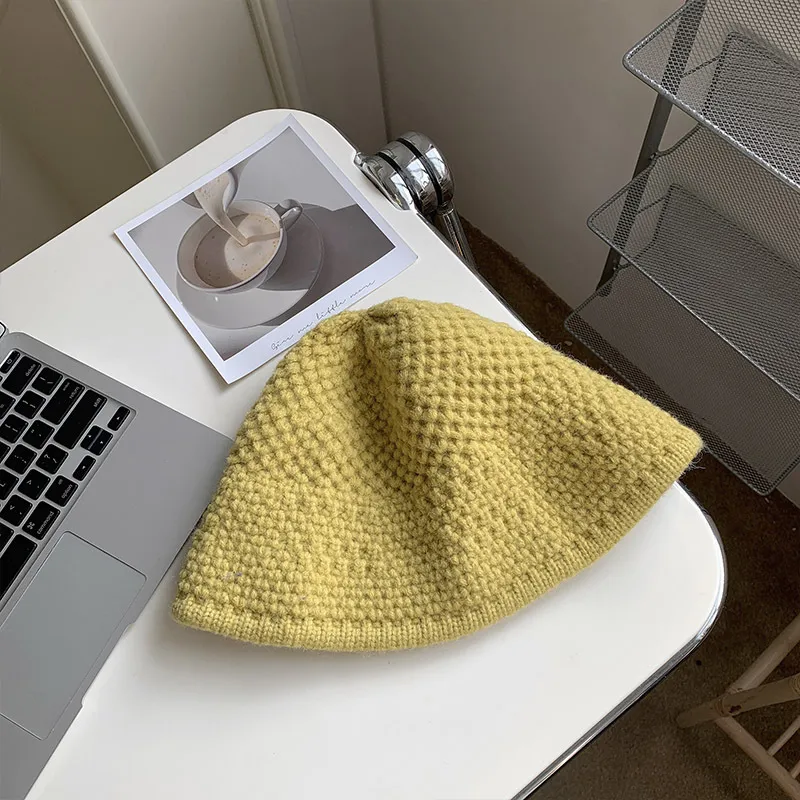 Loose Wool Knitted Fisherman Hat Women's Wool Bucket Hat - Yellow