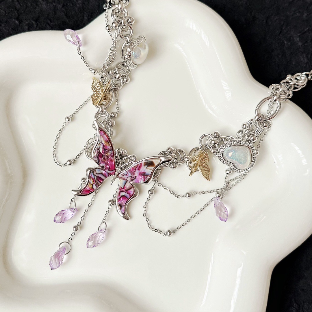 Sweet Cool Hot Girl Dream Butterfly Stitching Water Drop Tassel Necklace For Women
