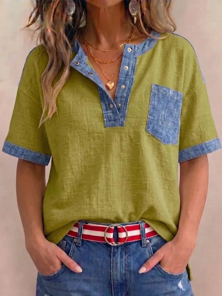 Women's Short-Sleeve Patchwork Top – styled with jeans and sneakers