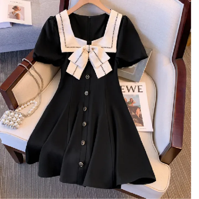 Womens French style Casual Square neck Short sleeve Dress Black - Shop at LoveMi