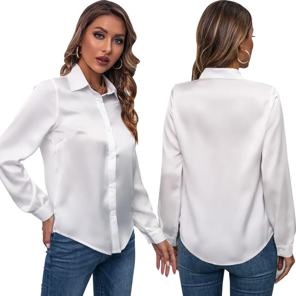 Satin Pleated Long-sleeved Top Casual Loose - White