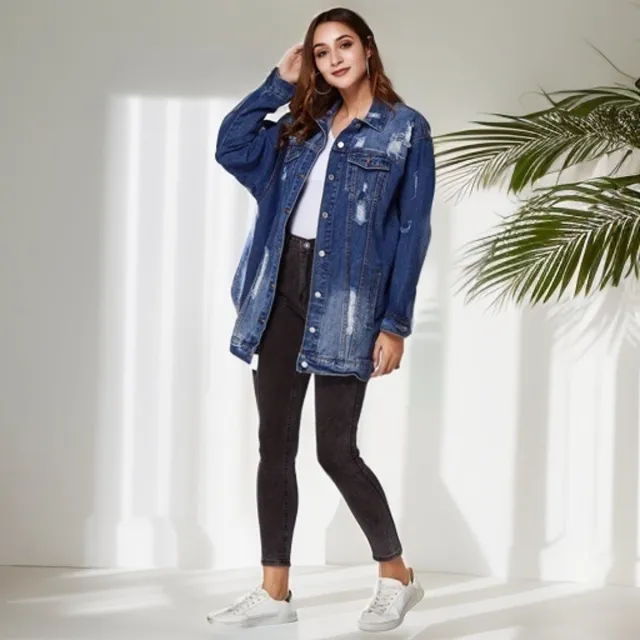 Denim Women's Water Washed Hole Coat Dark Blue - Shop at LoveMi