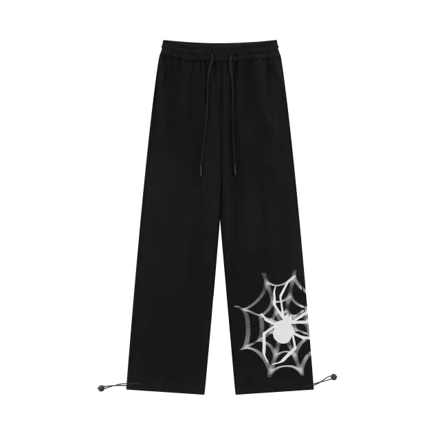 Retro Spider Print Casual Straight Ankle Tied Sports Pants Black - Shop at LoveMi