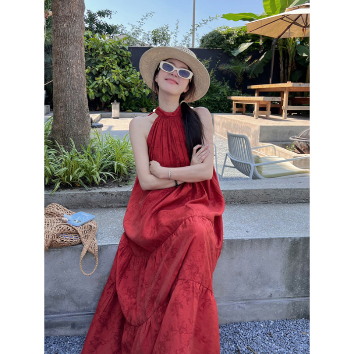 Vintage Chinese style Jacquard Red Halter Dress For Women Red - Shop at LoveMi