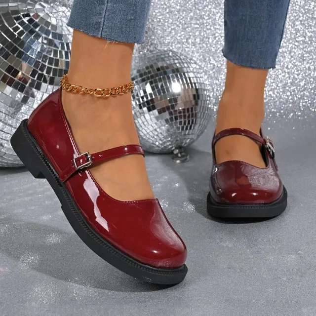 Flat Soft Surface Soft Bottom Shoes Square Mouth Leather Shoes Red - Shop at LoveMi