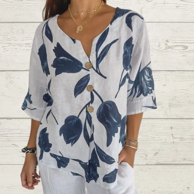 Pattern Print Cotton And Linen V neck Short Sleeve Pullover Shirt White - Shop at LoveMi