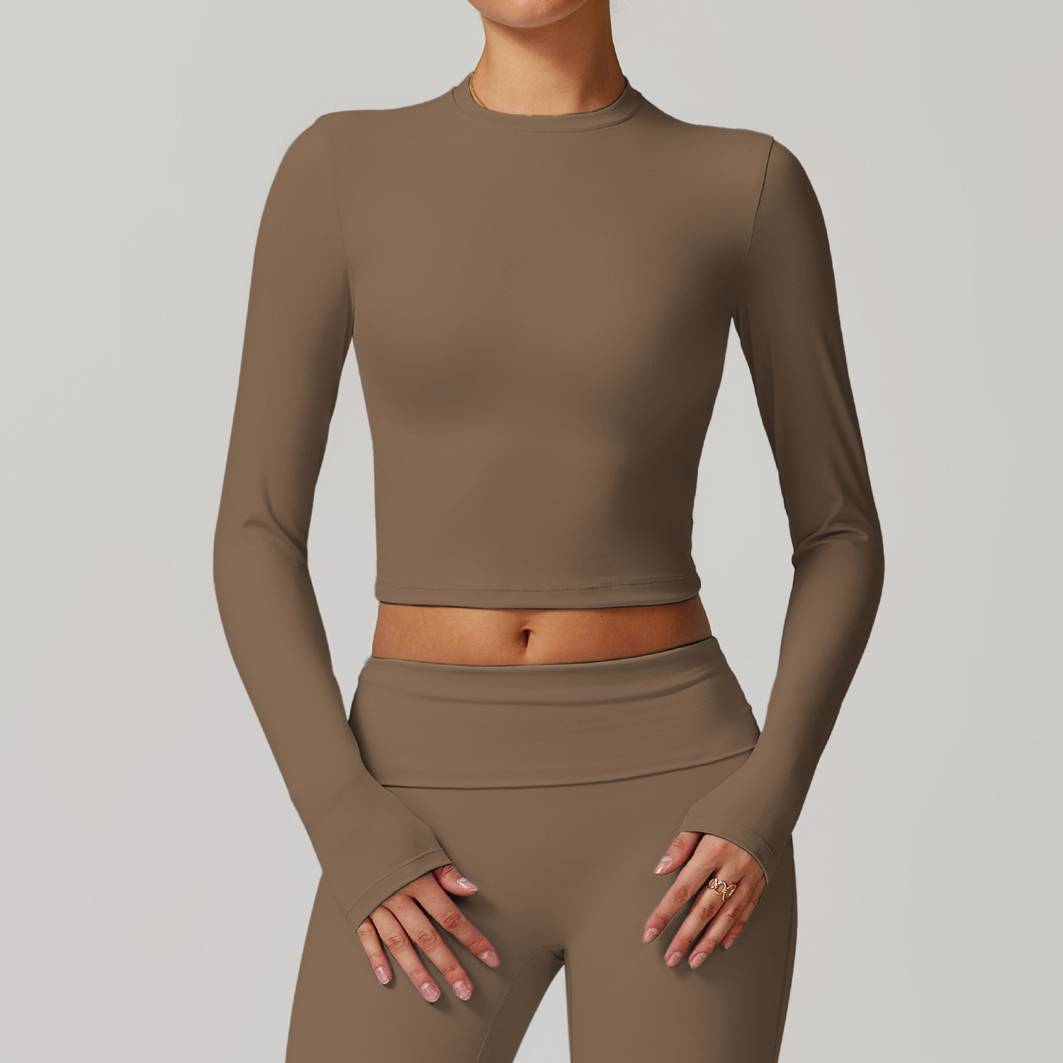 Tight Beautiful Back Tank top Slim Fit Long Sleeve Yoga Wear Caramel Mocha - Shop at LoveMi