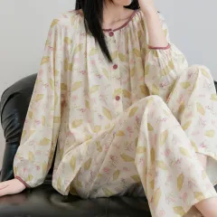 Womens Loose-Fit Long-Sleeve Long-Pants Printed Loungewear Set - Fallen Leaves-2Xl - View 1