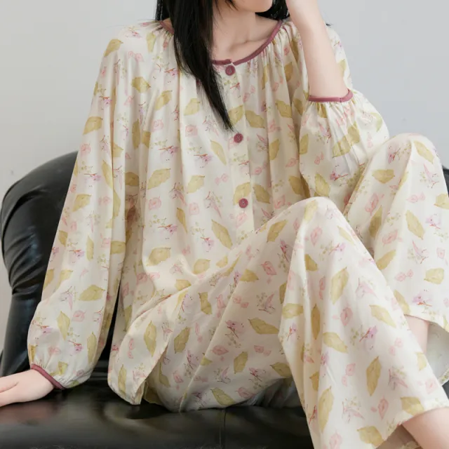 Womens Loose Fit Long Sleeve Long Pants Printed Loungewear Set Fallen Leaves 2Xl - Shop at LoveMi