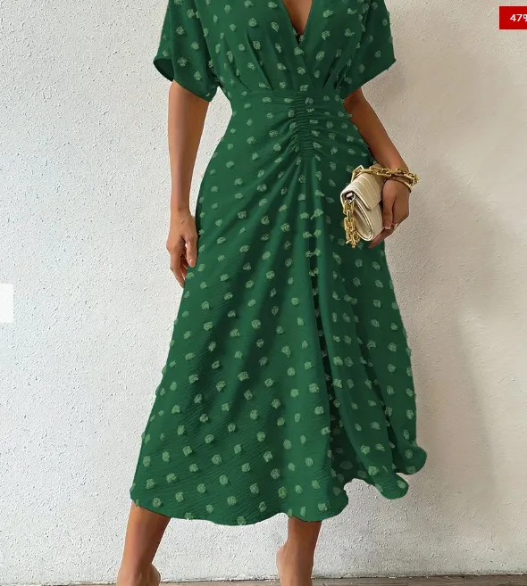 Summer New Fur Ball Ruffle Sleeve V neck Waist Tied Dress Green - Shop at LoveMi