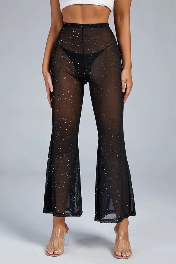 Women's Solid Color Versatile Mesh Sheer Casual Trousers Black - Shop at LoveMi