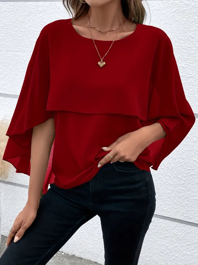 Women's All match Round Neck Solid Color Layered Cape Sleeve Chiffon Shirt Wine - Shop at LoveMi