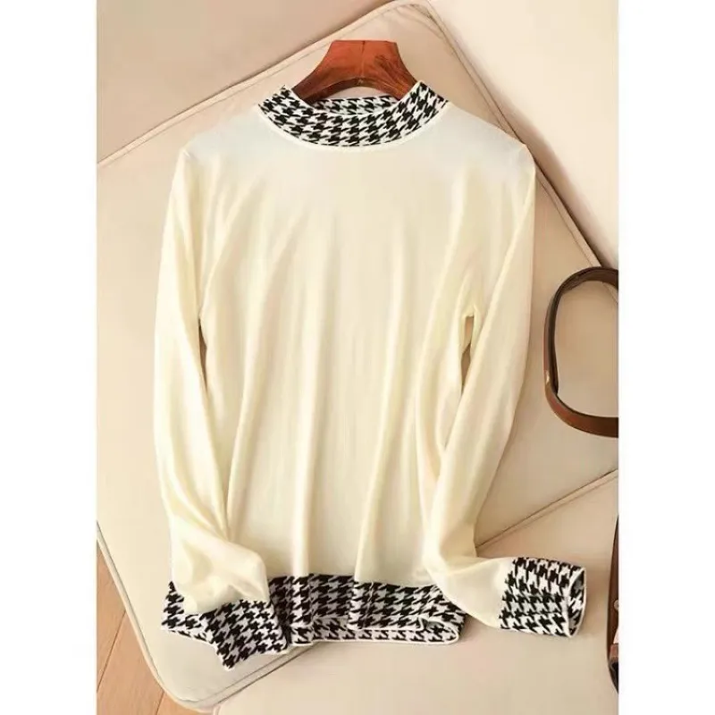 Women's Fashion Houndstooth Stitching Long-sleeved Sweater - White