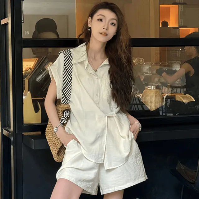 Shirt Top Wide Leg Shorts Casual Two piece Suit Almond White - Shop at LoveMi