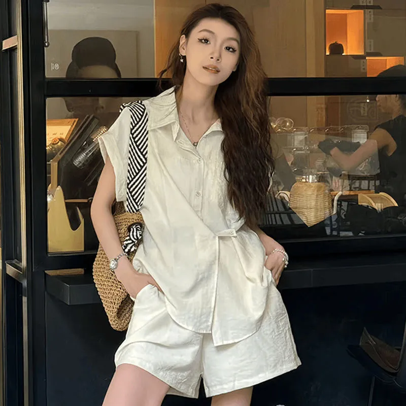 Shirt Top Wide Leg Shorts Casual Two-piece Suit - Almond White