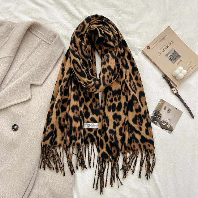 Female Vintage Leopard Print Artificial Cashmere Scarf Camel - Shop at LoveMi