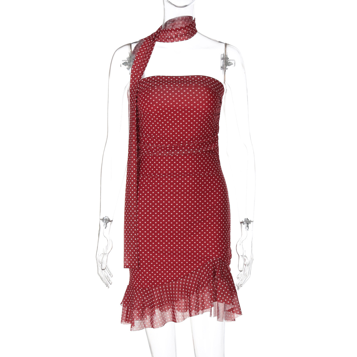 Fashionable Polka Dot Bodycon Sexy Strapless Dress With Lace Trim Red - Shop at LoveMi