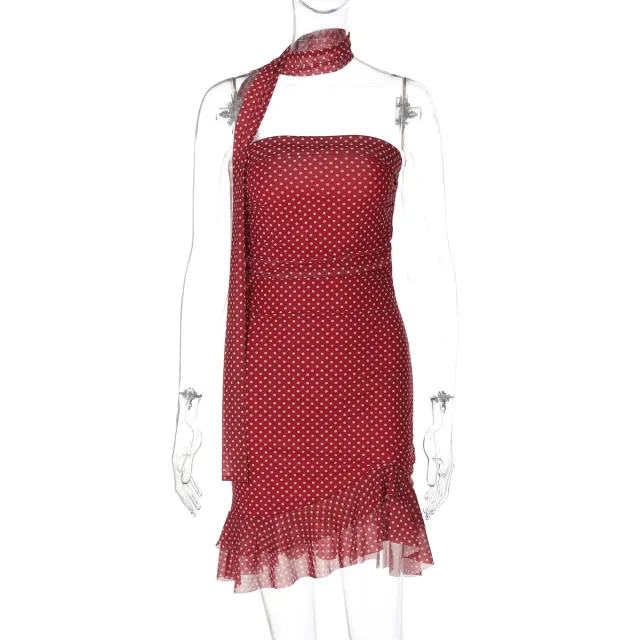 Fashionable Polka Dot Bodycon Sexy Strapless Dress With Lace Trim Red - Shop at LoveMi