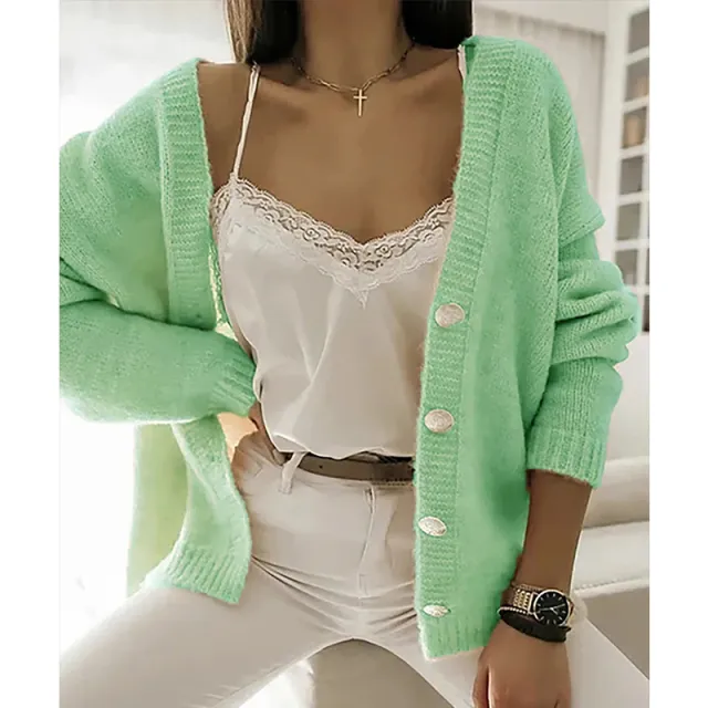 Autumn And Winter Women's European And American Keep Warm Pure Color Loose Knitted Cardigan Coat Green - Shop at LoveMi