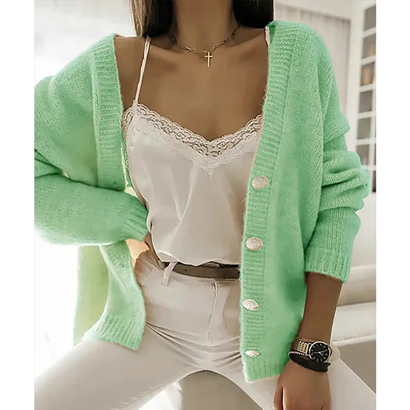 Autumn And Winter Women's European And American Keep Warm Pure Color Loose Knitted Cardigan Coat - Green